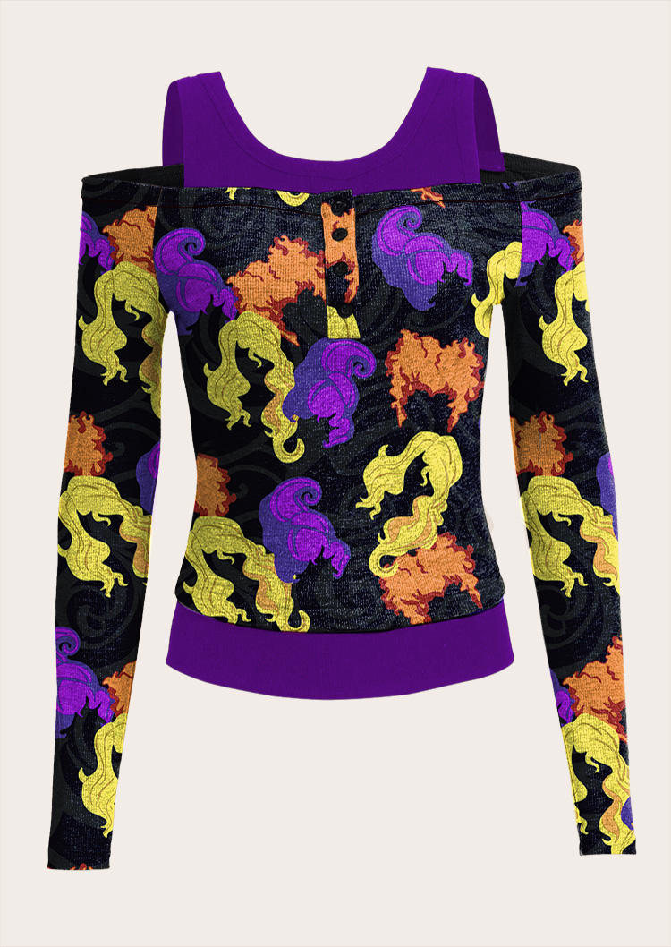 

Blouses Halloween Witch Sisters Cold Shoulder Fake Two-Piece Blouse in Multicolor. Size: L,M,,XL