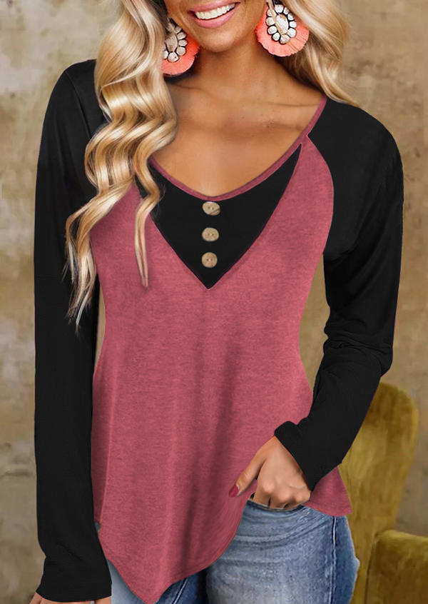 Color Block Button Fake Two-Piece Blouse - Red