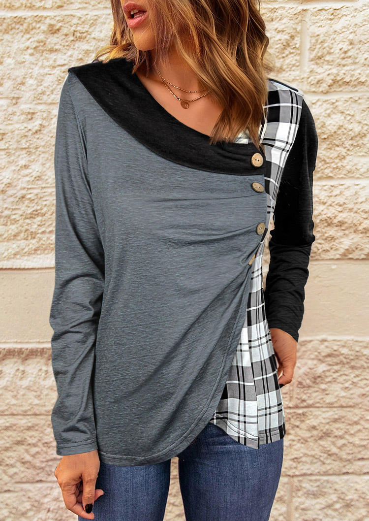Plaid Color Block Side Button Long Sleeve Blouse