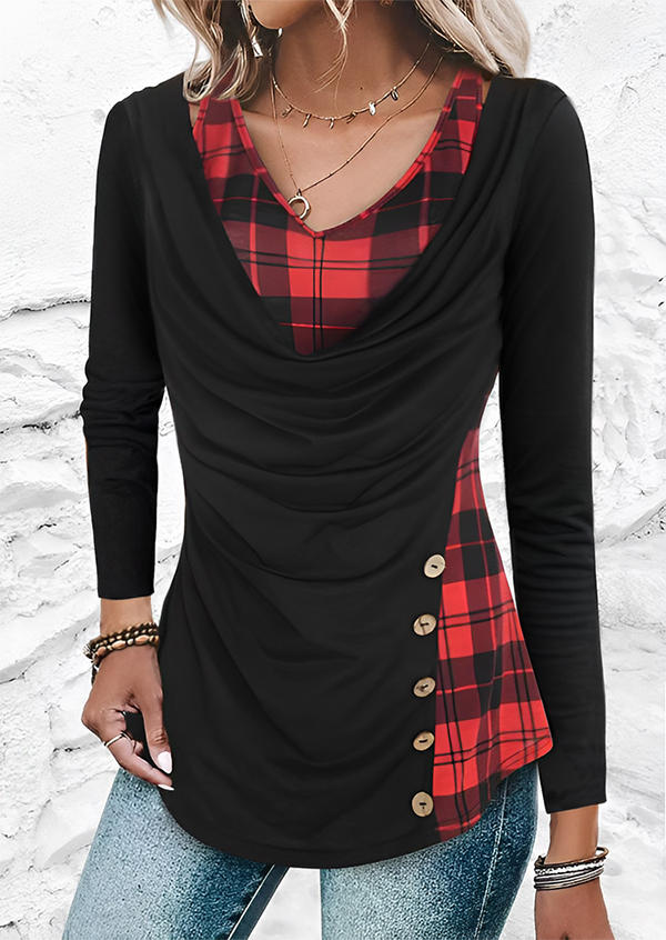

Blouses Buffalo Plaid Cowl Neck Fake Two-Piece Blouse in Multicolor. Size: L,M,,XL