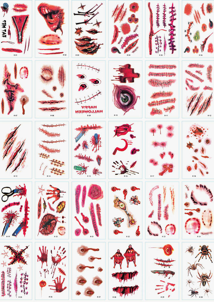 

30Pcs Halloween Realistic Horror Tattoo Stickers in Red. Size