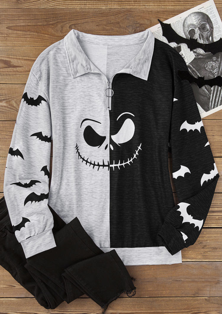 

Sweatshirts Halloween Color Block Ghost Face Bat Zipper Collar Sweatshirt in Multicolor. Size: L,M,,XL