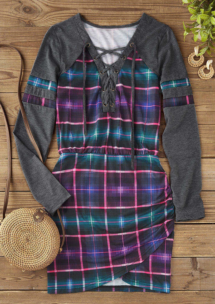 

Mini Dresses Plaid Gradient Lace Up Wrap Mini Dress in Multicolor. Size: L,M,,XL