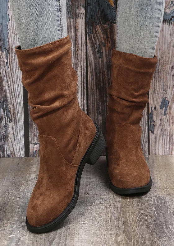 

Boots Ruched Suede Plain Square Heel Boots in Brown. Size
