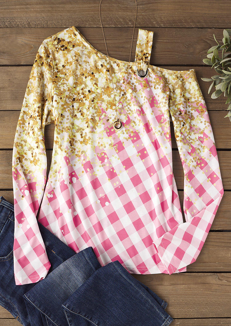 

Blouses Plaid Glitter One Sided Cold Shoulder Blouse in Multicolor. Size