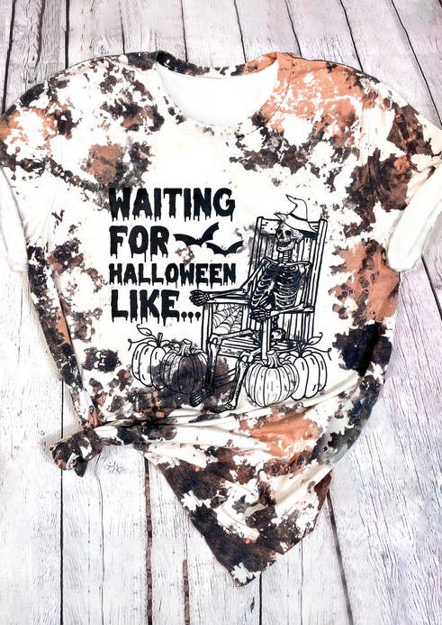 Waiting For Halloween Skeleton Pumpkin Bleached T-Shirt Tee