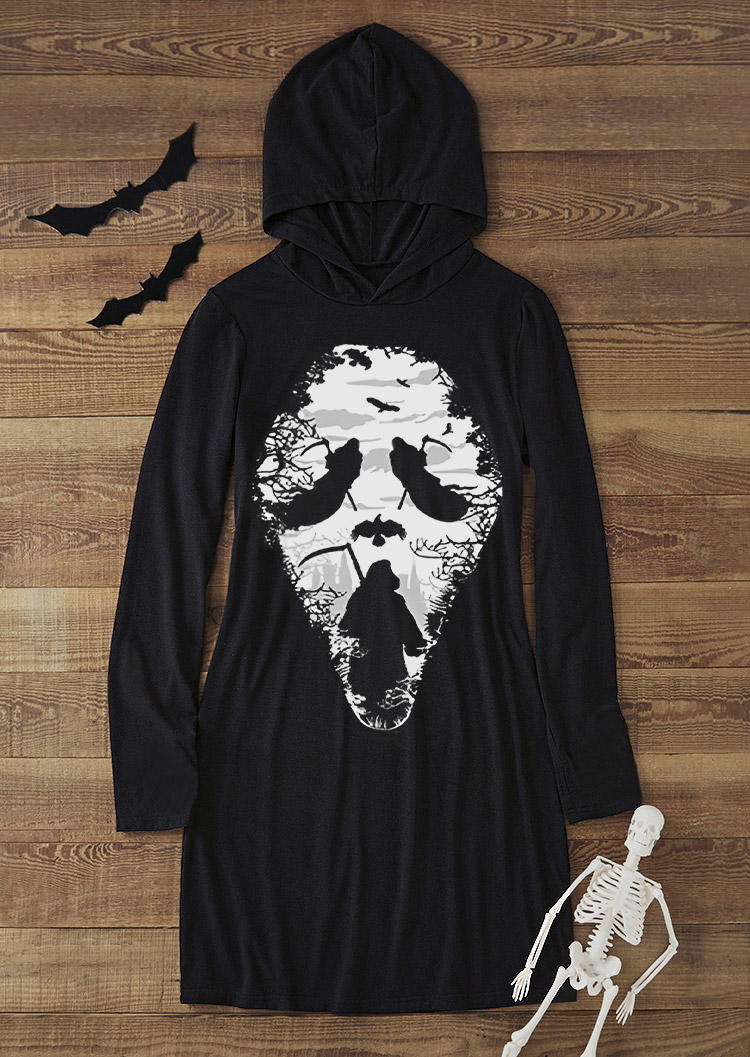 

Sweatshirt Dresses Halloween Ghost Face Witch Thumbhole Hoodie Dress in Black. Size: L,M,,XL