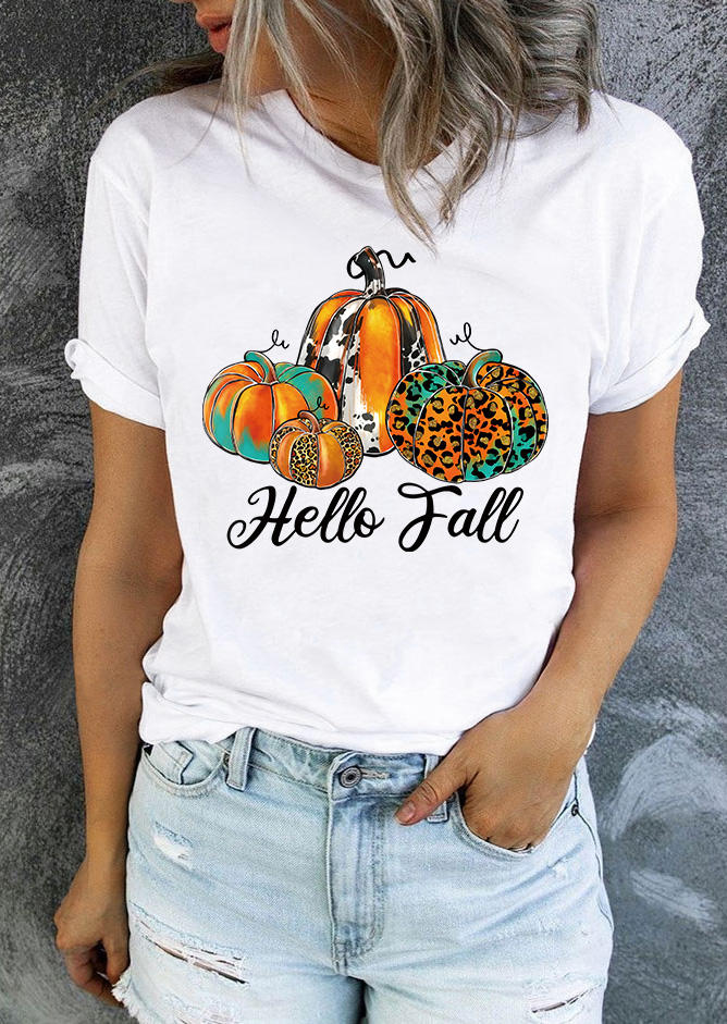 

T-shirts Tees Hello Fall Leopard Cow Pumpkin T-Shirt Tee in White. Size: M