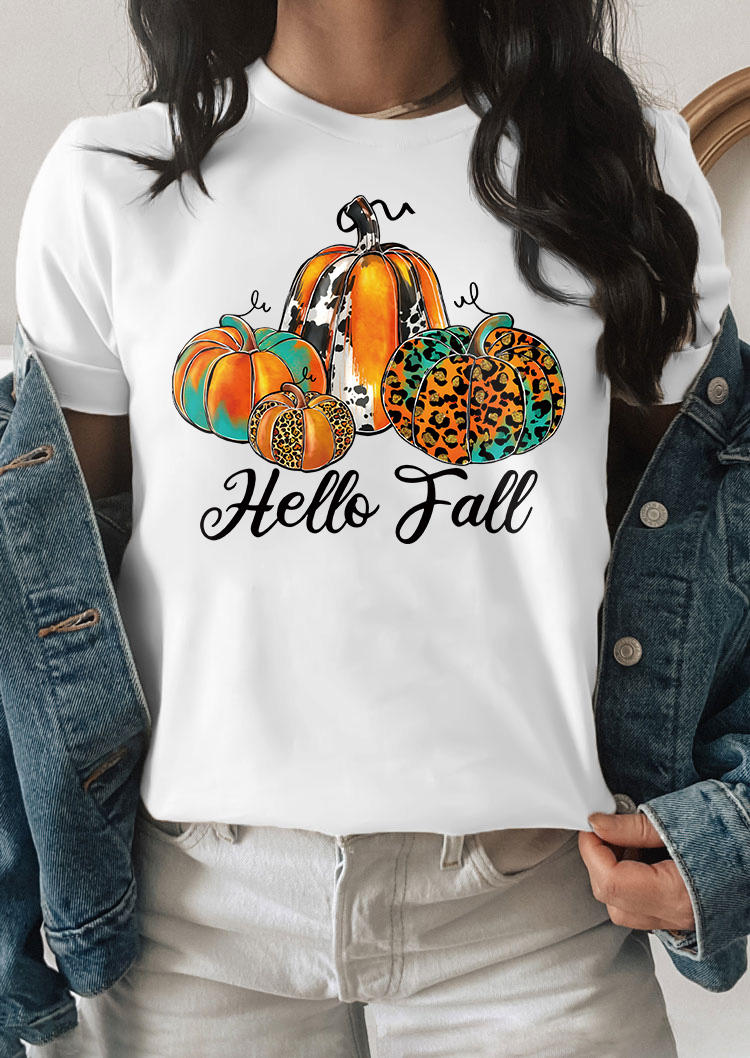 Hello Fall Leopard Cow Pumpkin T-Shirt Tee - White