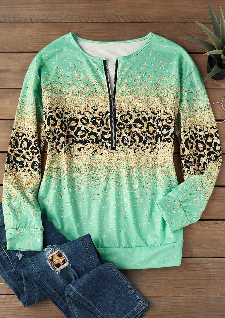 

Sweatshirts Leopard Glitter Zipper Sweatshirt in Multicolor. Size