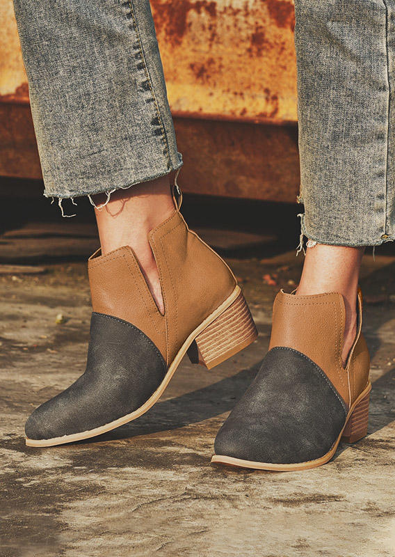 Color Block Round Toe Heeled Boots