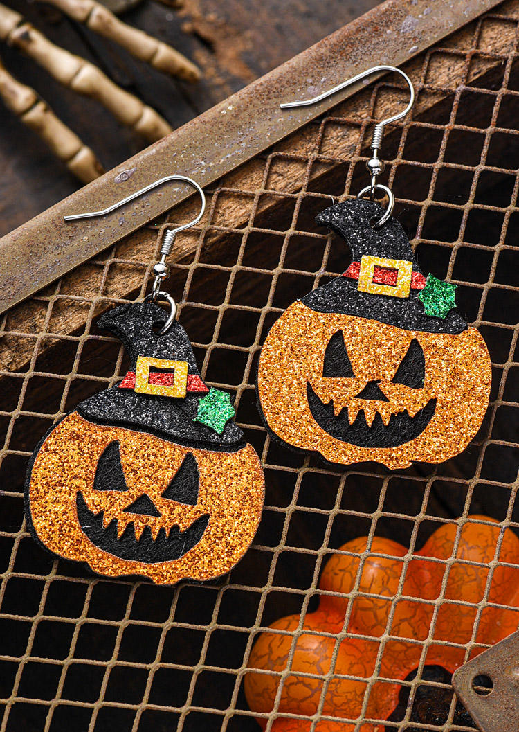 

Earrings Halloween Pumpkin Face Witch Hat Glitter Earrings in Orange. Size