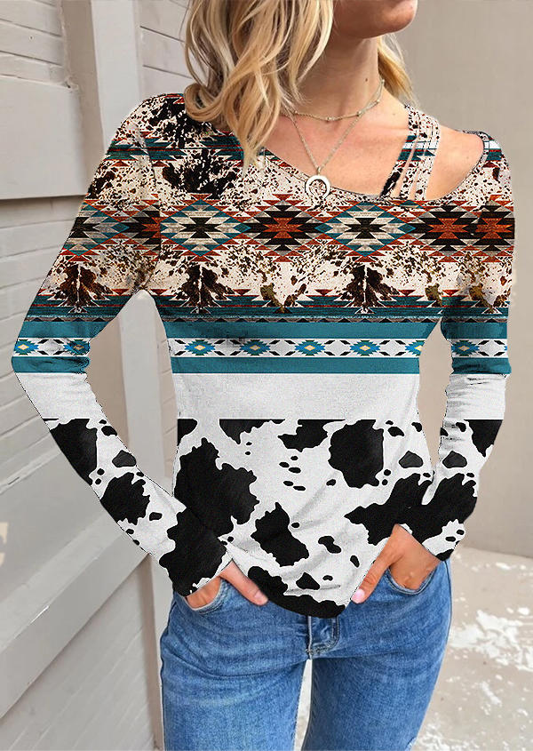 

Blouses Cow Aztec Geometric One Sided Cold Shoulder Blouse in Multicolor. Size