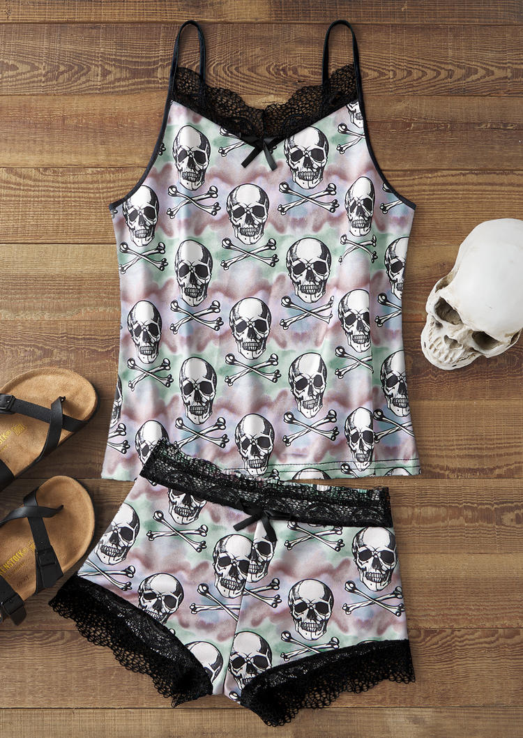 

Sleepwear Halloween Skull Tie Dye Lace Camisole And Shorts Pajamas Set in Multicolor. Size