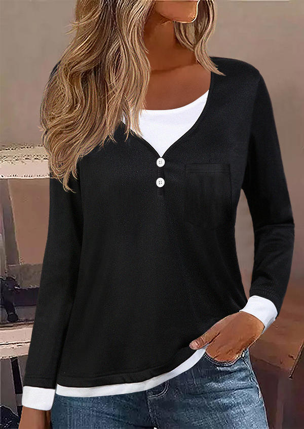 Color Block Button Fake Two-Piece Blouse - Black