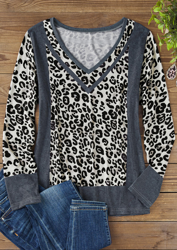 

Blouses Leopard Color Block V-Neck Blouse in Gray. Size