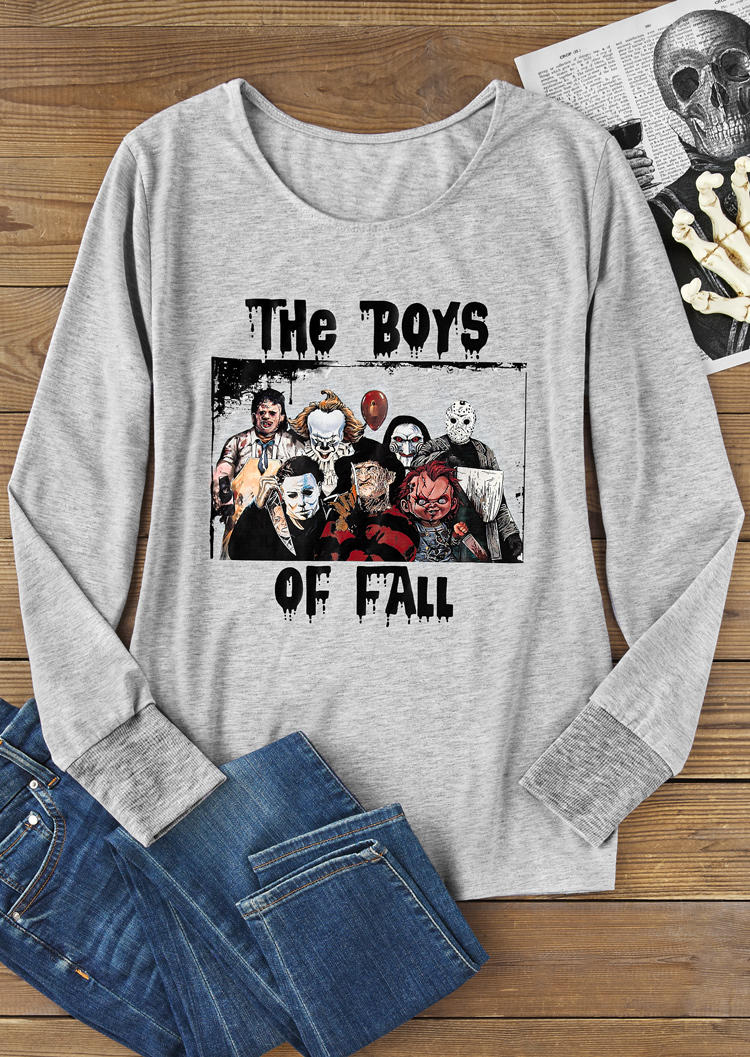 

Blouses Halloween Horror Movie Graphic Long Sleeve Blouse in Gray. Size: L,M,,XL