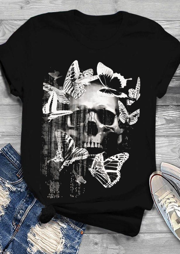 

T-shirts Tees Halloween Dark Skull Butterfly O-Neck T-Shirt Tee in Black. Size