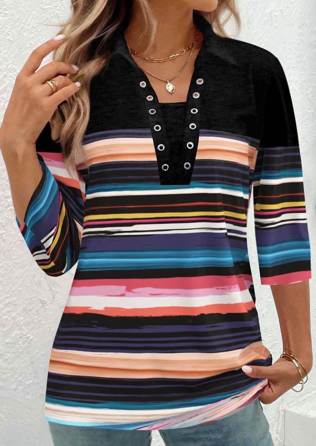 

Blouses Colorful Striped Turn-Down Collar Blouse in Multicolor. Size: L,M,,XL