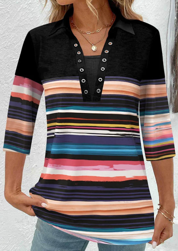 Colorful Striped Turn-Down Collar Blouse