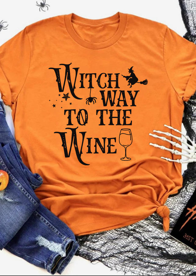 Halloween Witch Way To The Wine Spider T-Shirt Tee - Orange