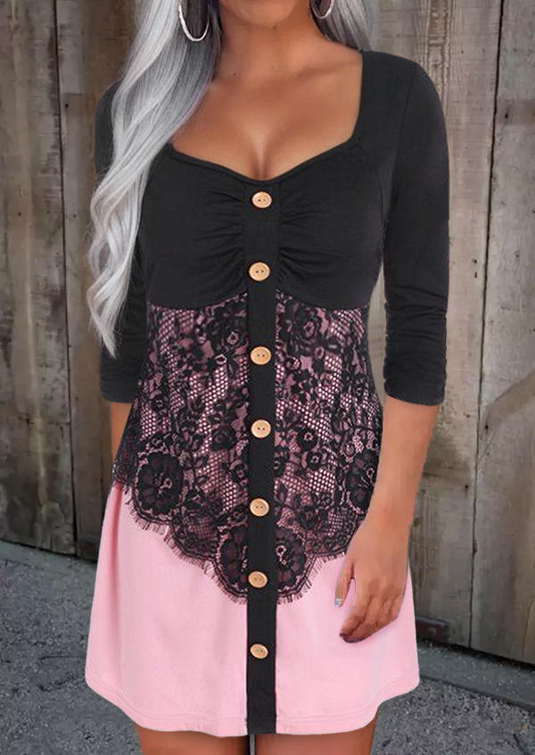 

Mini Dresses Color Block Lace Splicing Button Ruffled Mini Dress in Multicolor. Size: L,M,,XL