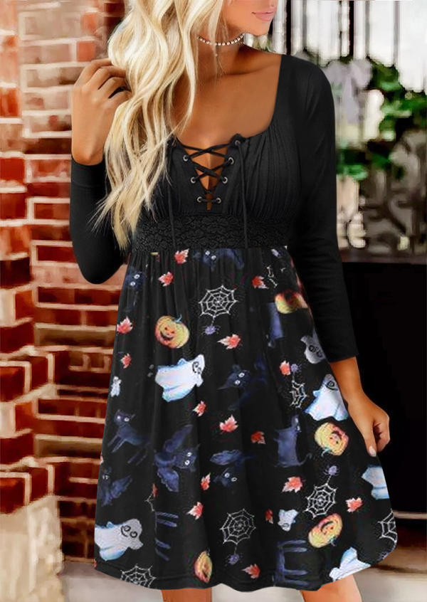 

Mini Dresses Halloween Pumpkin Face Ghost Spider Web Lace Splicing Mini Dress in Black. Size: L,M,,XL