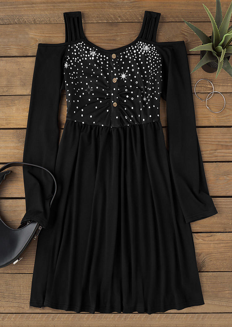 

Mini Dresses Hollow Out Button Cold Shoulder Long Sleeve Mini Dress in Black. Size: L,M,,XL