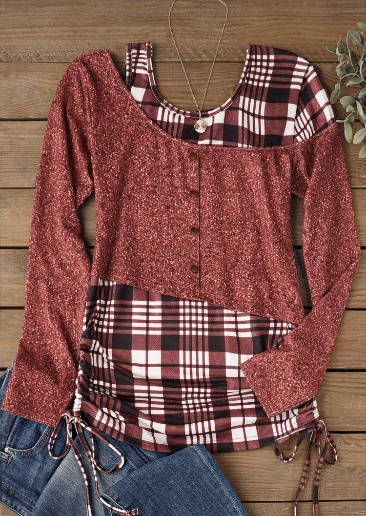 

Blouses Plaid Drawstring Fake Two-Piece Blouse in Multicolor. Size: L,M,,XL