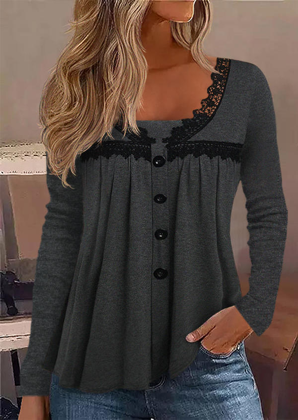 Lace Splicing Button Ruffled Long Sleeve Blouse - Dark Grey