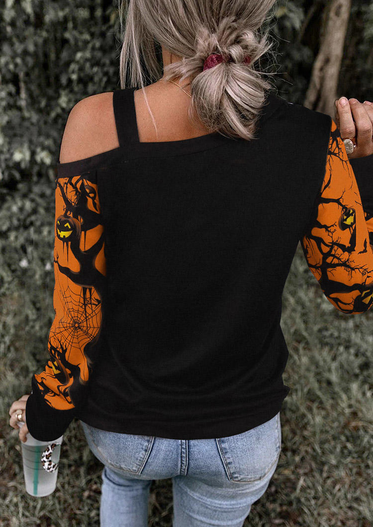 

Blouses Halloween Pumpkin Face One Sided Cold Shoulder Blouse in Multicolor. Size: L,M,,XL