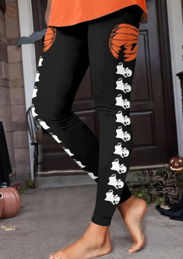 Halloween Pumpkin Face Skinny Leggings - Black