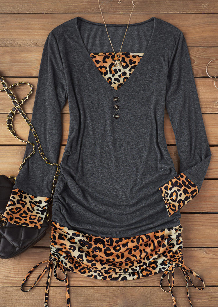 

Bodycon Dresses Leopard Button Drawstring Long Sleeve Bodycon Dress in Multicolor. Size: L,M,,XL