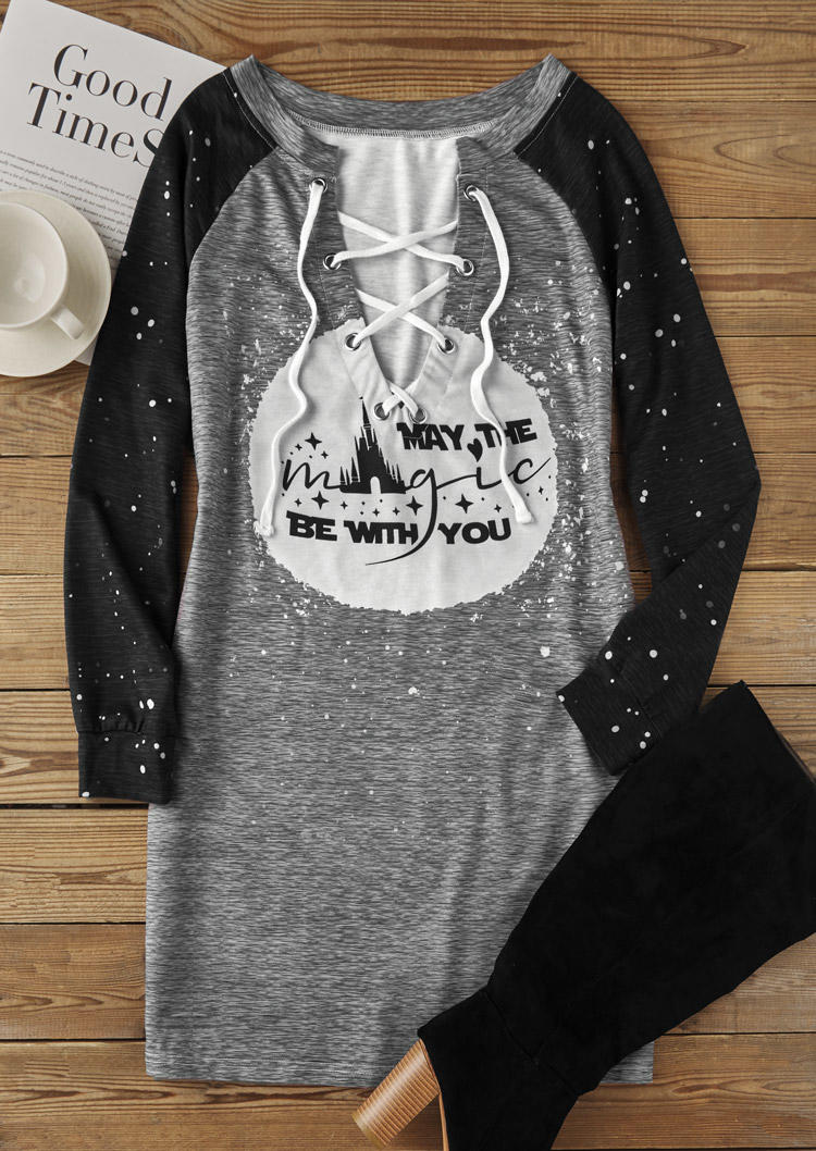 

Sweatshirt Dresses Halloween May The Magic Be With You Lace Up Sweatshirt Dress - Dark Grey in Gray. Size: L,M,,XL
