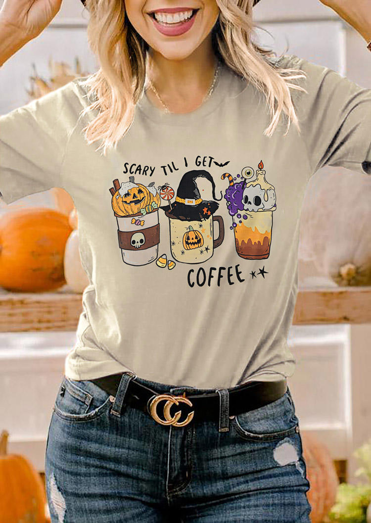 

T-shirts Tees Halloween Scary Til I Get Coffee Pumpkin Face T-Shirt Tee in Apricot. Size: L,M