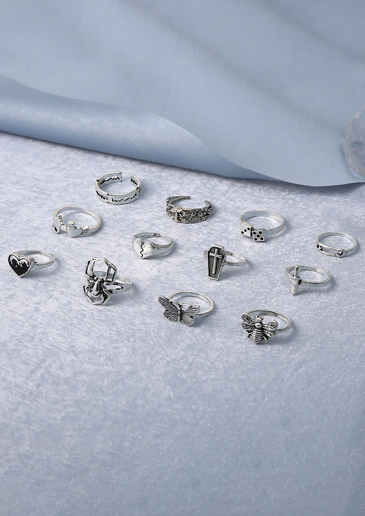 

Rings 12Pcs Cross Spider Butterfly Bee Heart Ring Set in Multicolor. Size