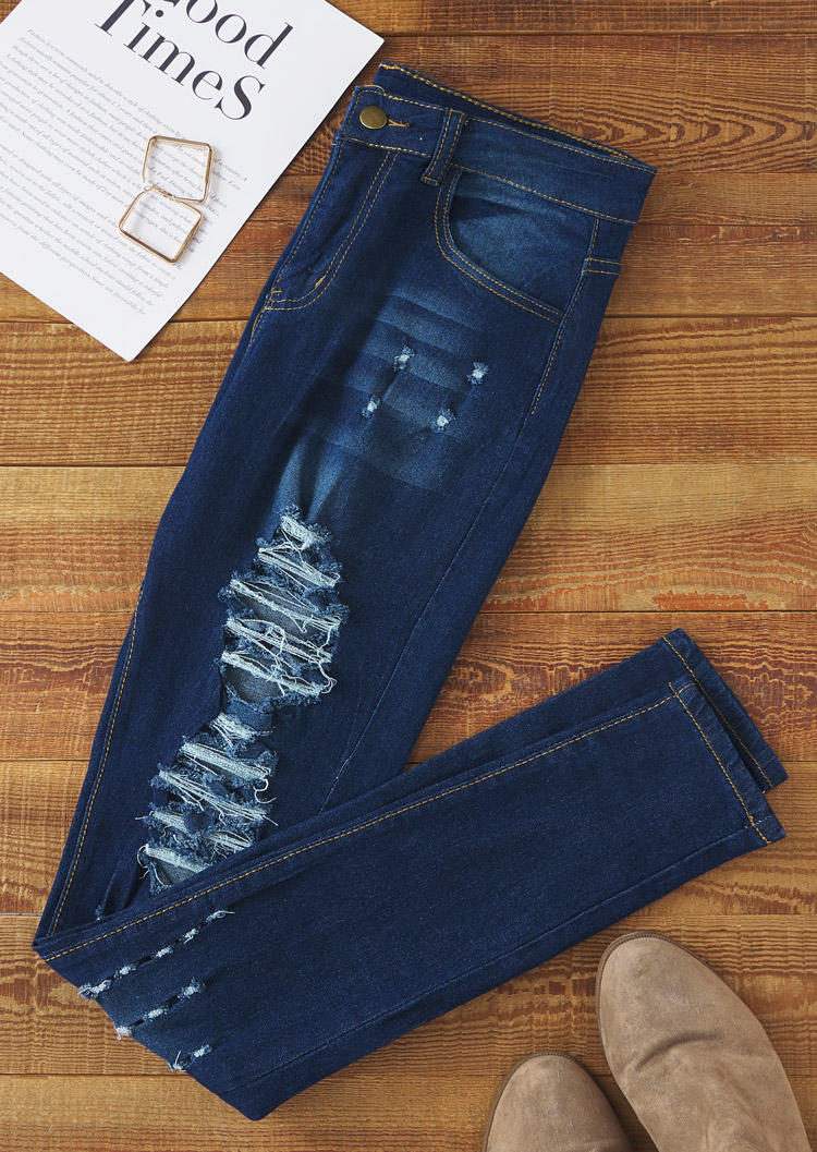 

Pants Hole Ripped Zipper Pocket Denim Pants in Blue. Size