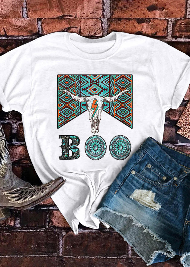 Boo Aztec Geometric Steer Skull Western T-Shirt Tee - White