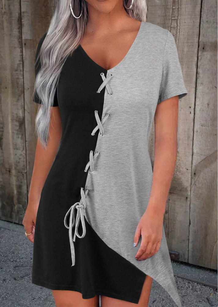 Color Block Criss-Cross Irregular Hem Mini Dress
