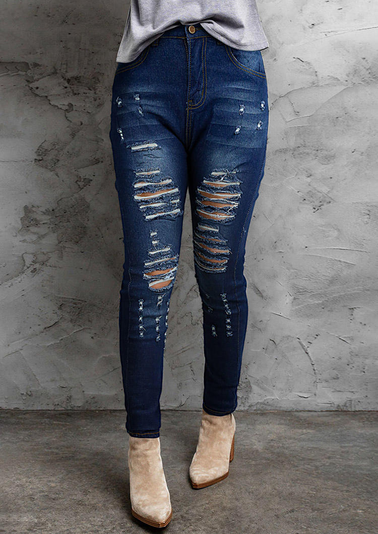 Hole Ripped Zipper Pocket Denim Pants - Blue
