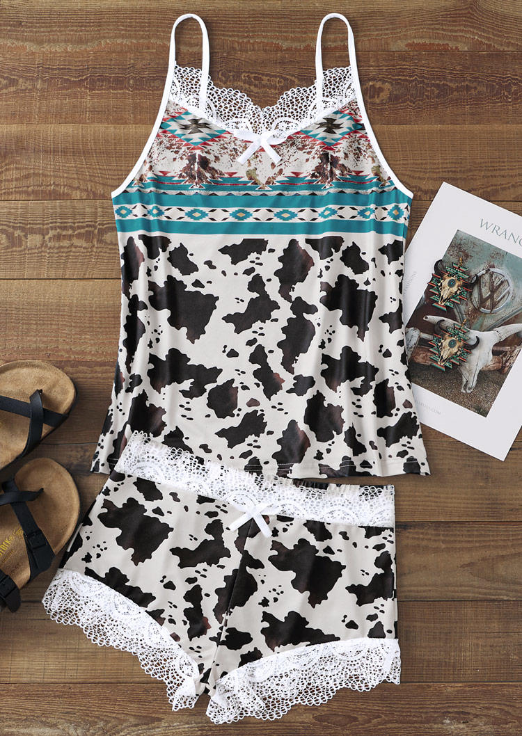 

Sleepwear Cow Aztec Lace Splicing Camisole And Shorts Pajamas Set in Multicolor. Size