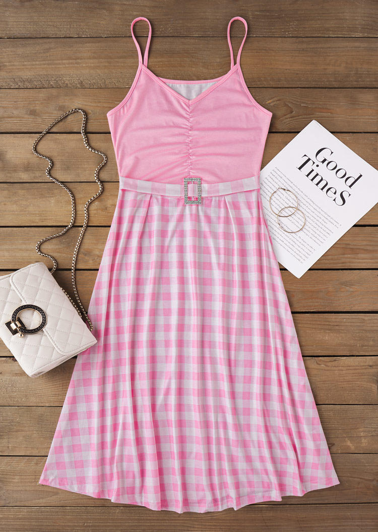 

Midi Dresses Plaid Ruffled Sleeveless Midi Dress with Belt in Pink. Size