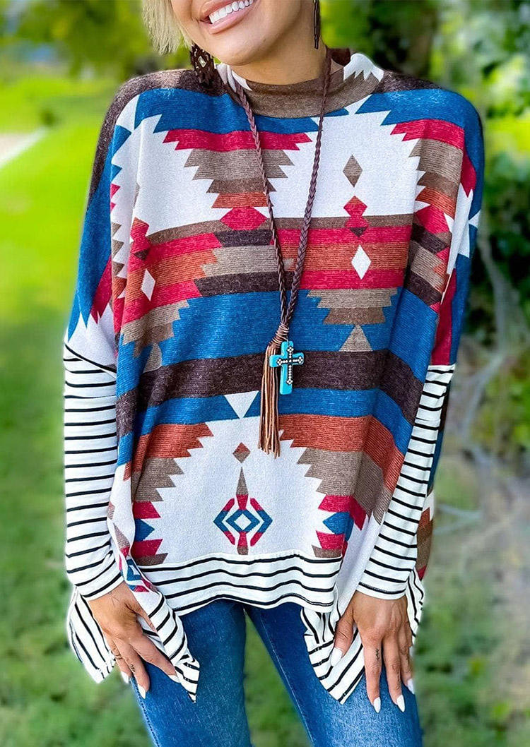 Aztec Geometric Striped Loose Drop Shoulder Blouse