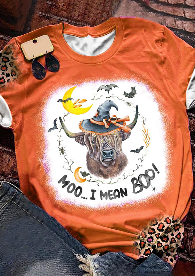 

T-shirts Tees Halloween Moo I Mean Boo Bat Highland Cattle Floral T-Shirt Tee in Orange. Size: M