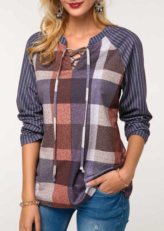 

Blouses Vertical Striped Plaid Lace Up Raglan Sleeve Blouse in Multicolor. Size: L,M,,XL