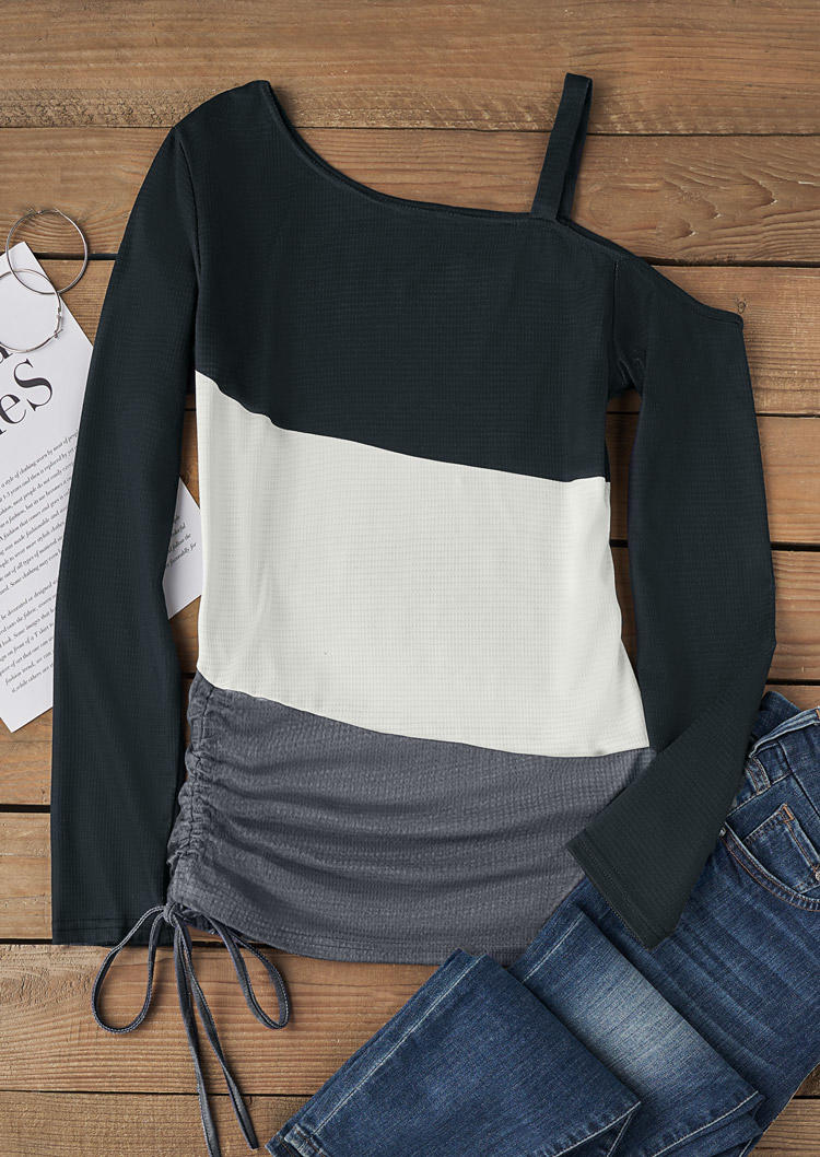 

Blouses Color Block Drawstring One Sided Cold Shoulder Blouse in Multicolor. Size
