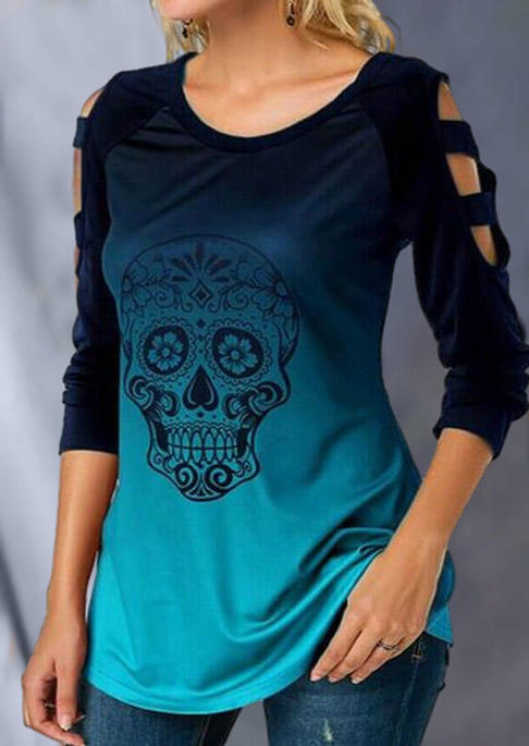 

Blouses Halloween Gradient Skull Hollow Out Cold Shoulder Blouse in Multicolor. Size: L,M,,XL