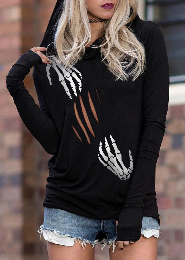 

Hoodies Halloween Skeleton Hand Cut Out Hoodie in Black. Size: L,M,,XL