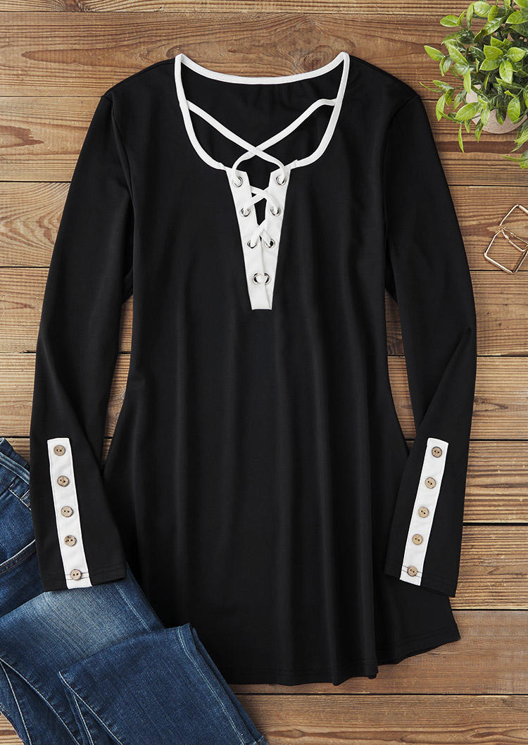 

Blouses Contrast Patchwork Criss-Cross Hollow Out Button Blouse in Black. Size: L,M