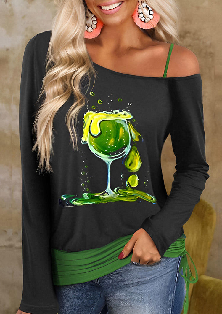 Halloween Happy Hour Wine Glass One Sided Cold Shoulder Blouse - Black